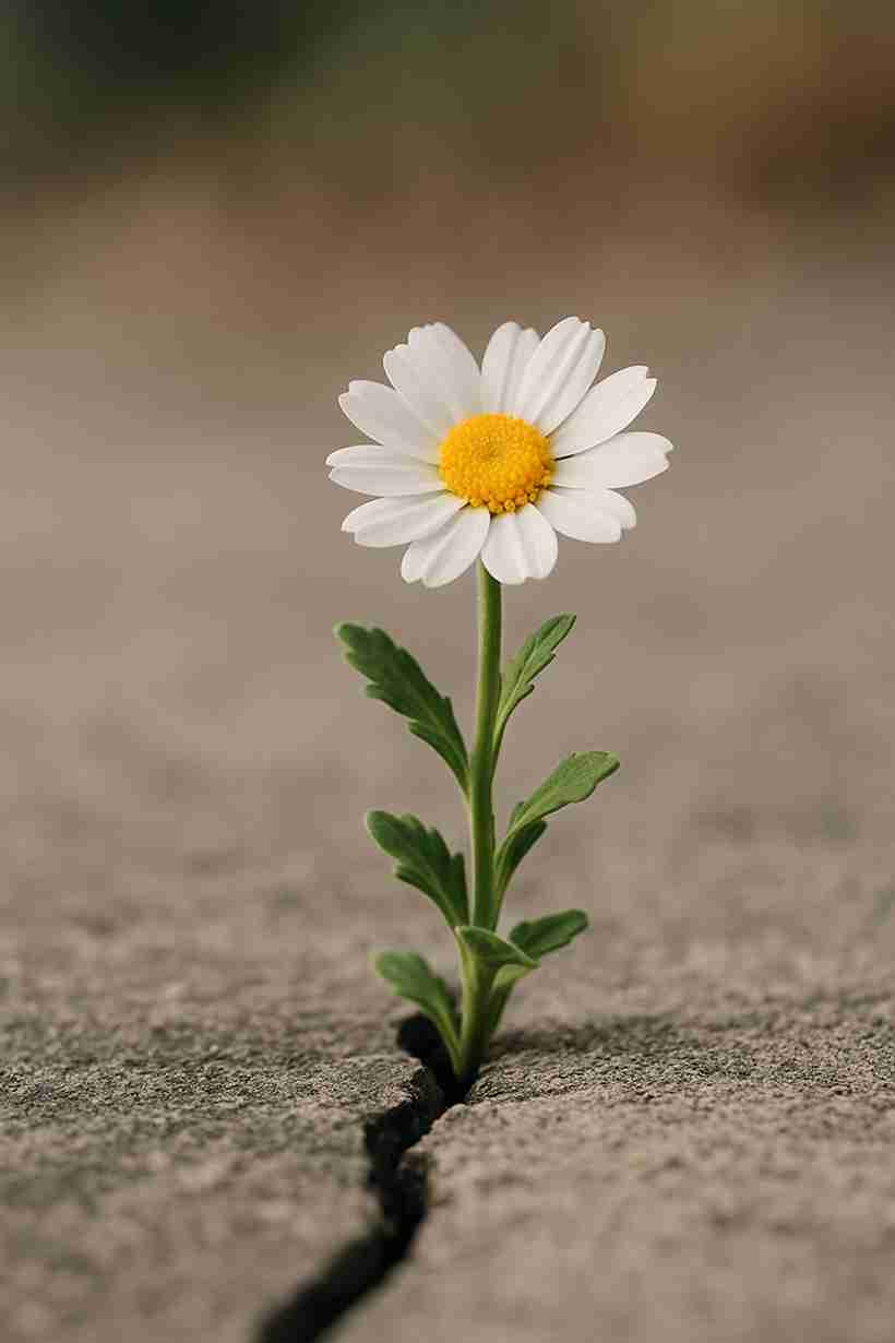 A single white daisy with a yellow center growing through a crack in weathered concrete, symbolizing resilience, vulnerability, and strength in harsh conditions.