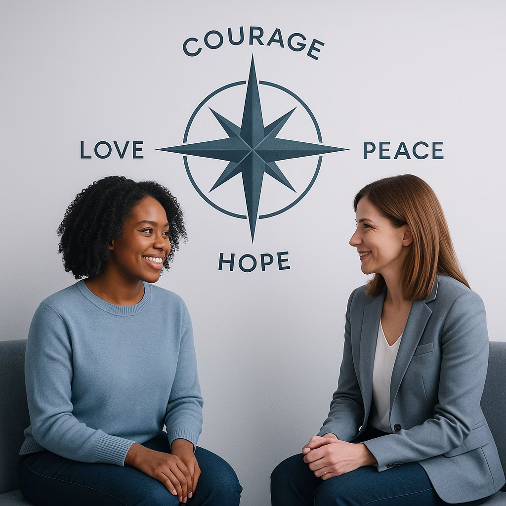 two women sitting and looking at each other