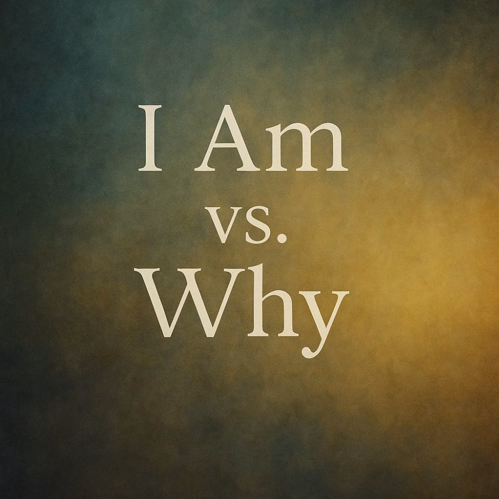 Spiritual background image for the blog post titled “I Am vs. Why.” The text appears in elegant off-white serif font centered against a softly blended backdrop of deep teal, gold, and amber hues. The gradient light evokes warmth, faith, and introspection, symbolizing the shift from self-affirmation to divine curiosity and spiritual awakening.
